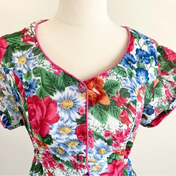 Vintage 1980s Floral Front Button Maxi Dress L Cotton100% Lined Pink Beautiful - Picture 2 of 11